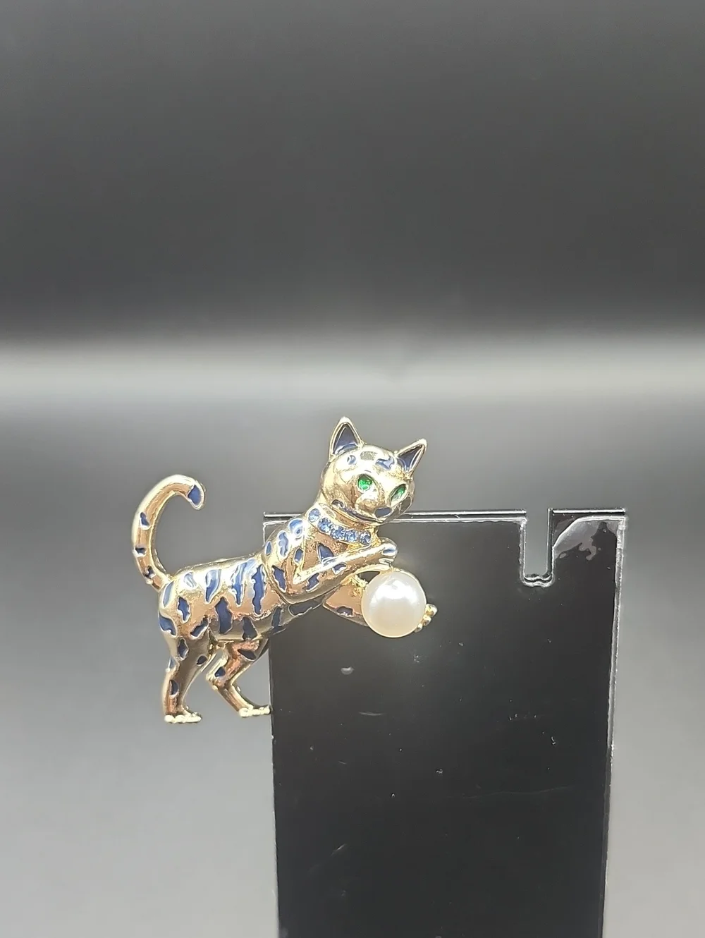 Gold-tone Blue Enamel Cat Brooch with Pearl Accent